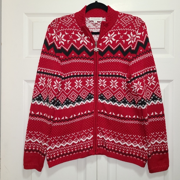 breckenridge Sweaters - Fair Isle Breckenridge petite Large Full Zip Caridgan Sweater Red‎ White Black